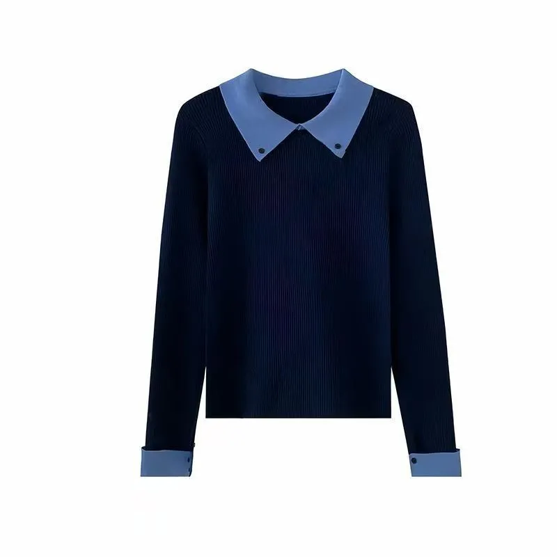 復古翻領拼接撞色內搭顯瘦修身針織毛衣