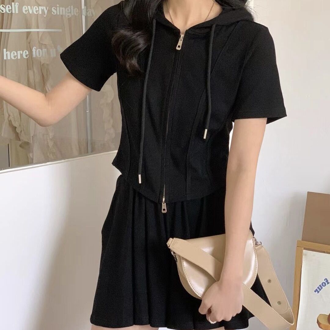 【整套】時尚通勤設計感連帽雙拉鏈短袖上衣+高腰顯瘦褲裙兩件套