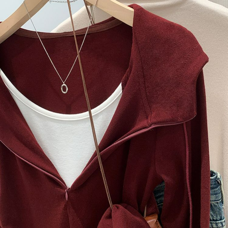 美式假兩件抽褶顯瘦連帽長袖T恤