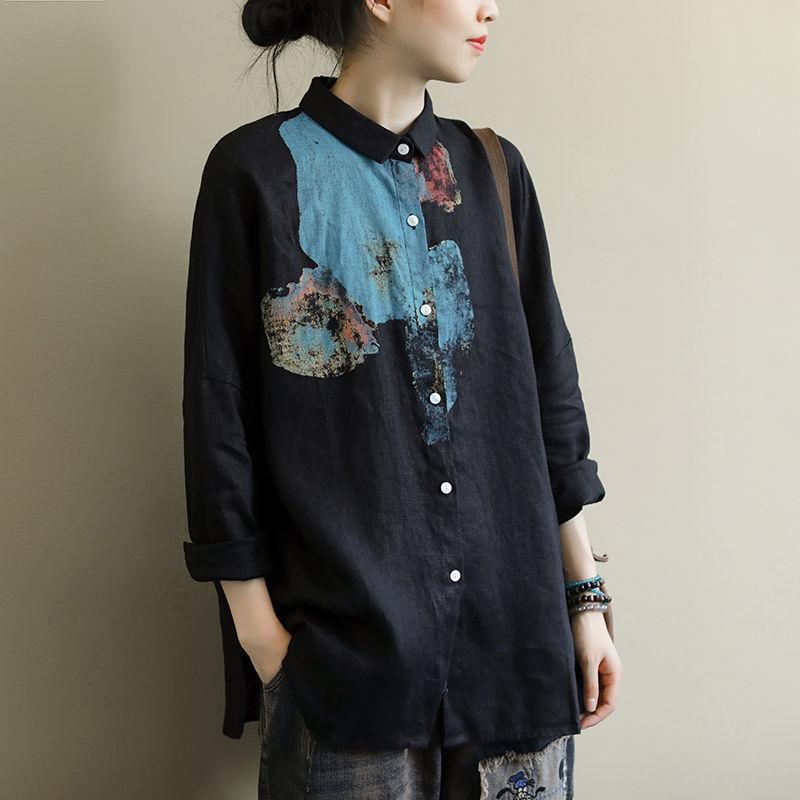 文藝印花長袖大碼寬松百搭棉麻襯衫-HaloBless