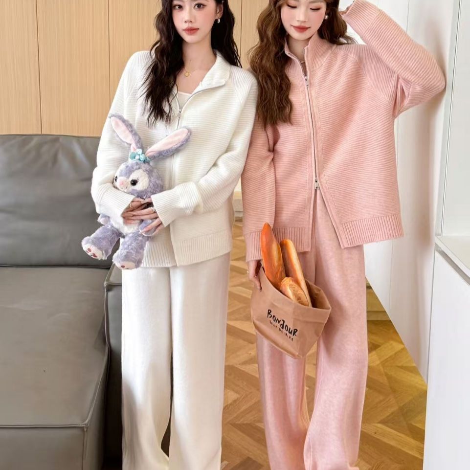 【整套】韓系拉鏈翻領針織衫+休閒闊腿褲兩件套