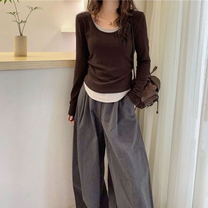 假兩件正肩修身顯瘦拼接撞色長袖T恤