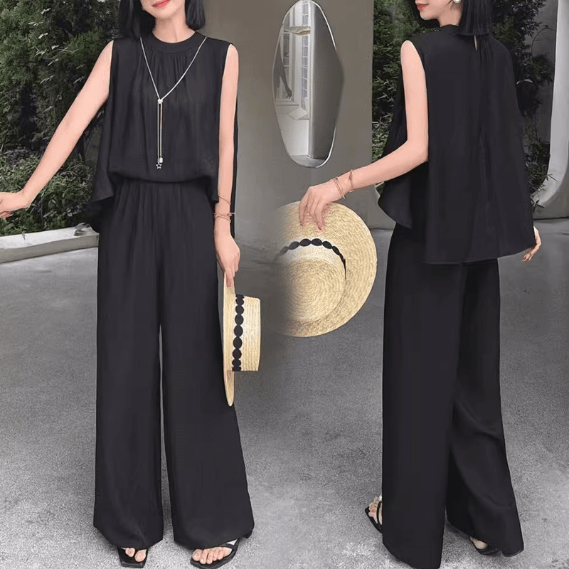 【整套】高級感時尚掛脖背心+休閑百搭闊腿褲兩件套