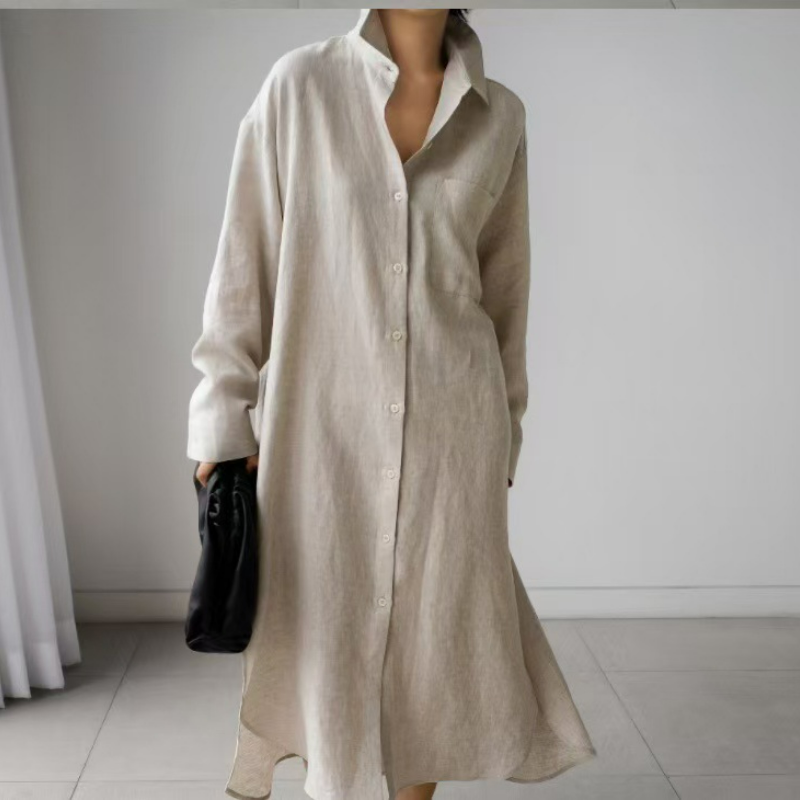 寬鬆休閒文藝顯瘦素色氣質翻領洋裝-HaloBless