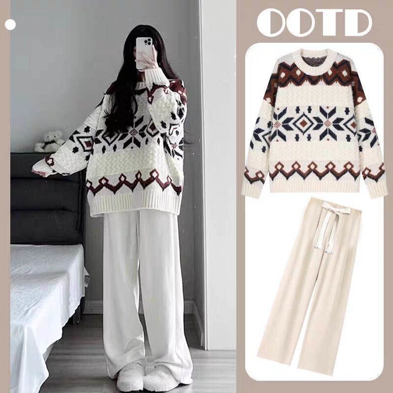 【單件/套裝】寬鬆拼色復古提花套頭毛衣+休閒闊腿褲兩件套