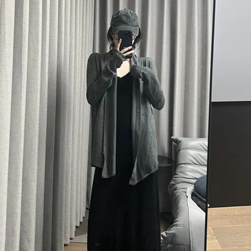 韓版寬鬆休閑中長款外套薄款毛衣針織開衫-HaloBless