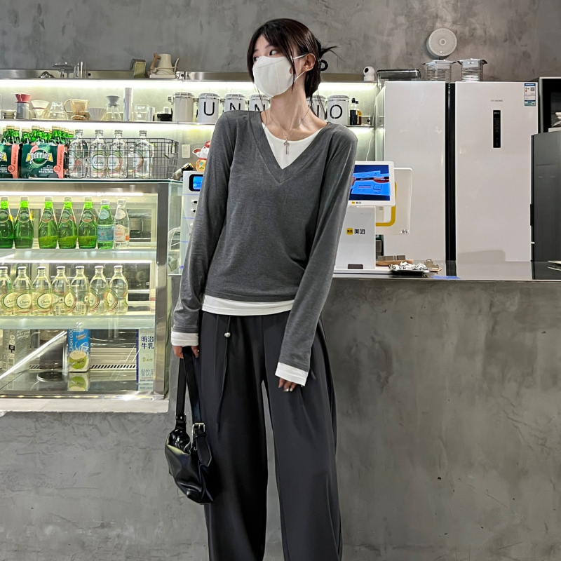 純棉假兩件純慾風內搭修身設計感長袖t恤-HaloBless