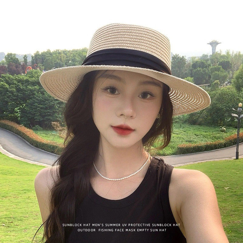 赫本風法式平頂草帽大帽檐遮陽防曬帽度假沙灘帽-HaloBless