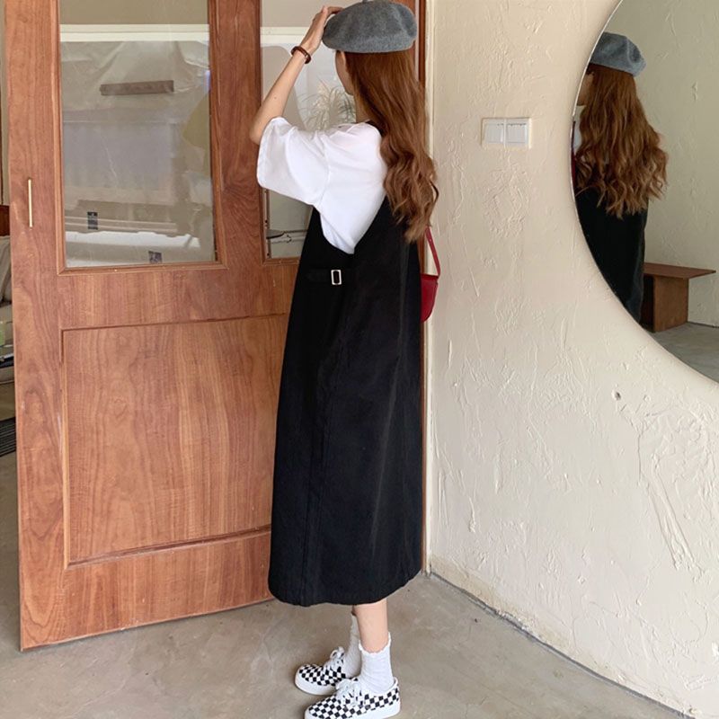 【單件/整套】日系顯瘦短袖減齡寬鬆背帶裙兩件套裝-HaloBless