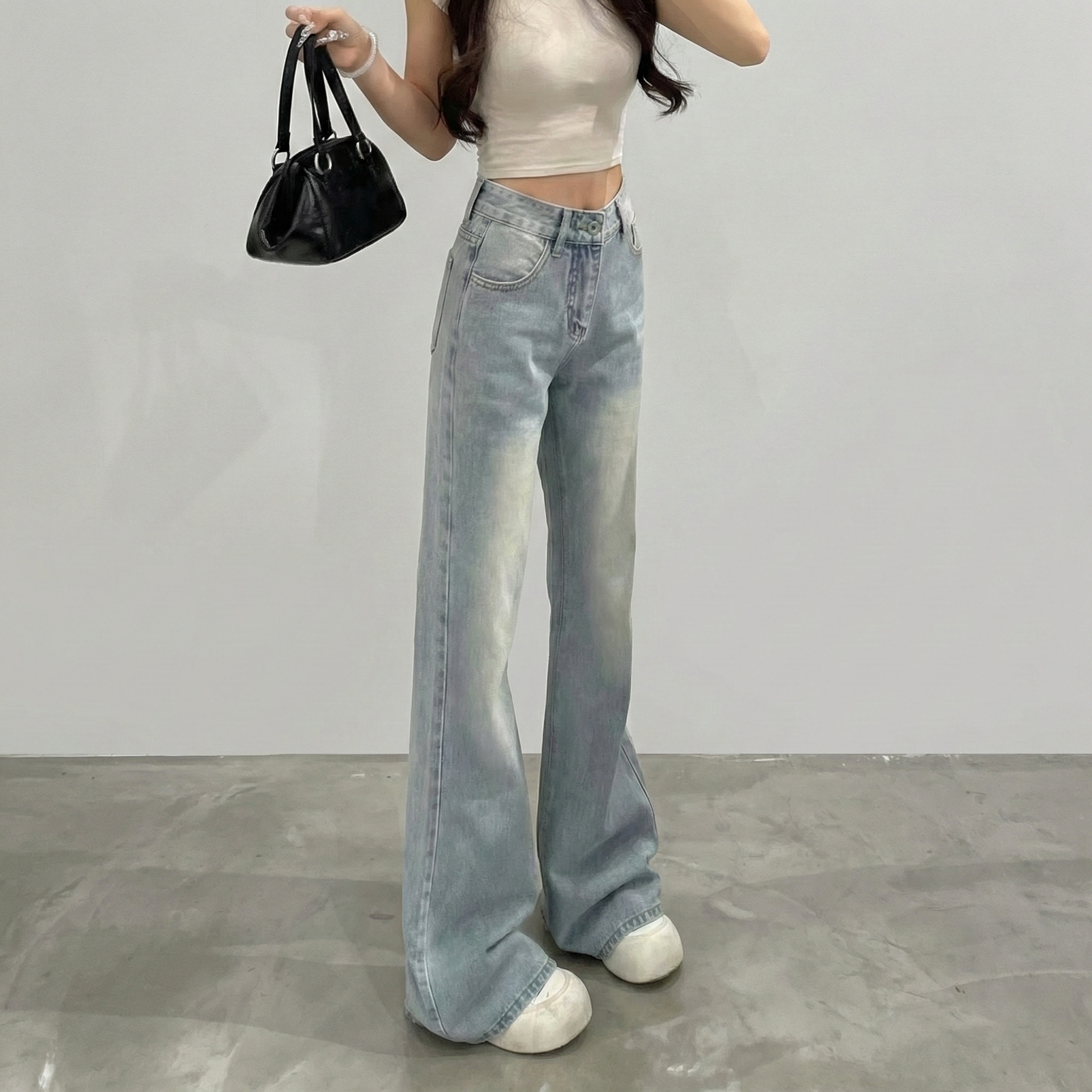 美式復古刷毛加厚高腰顯瘦微喇拖地牛仔褲