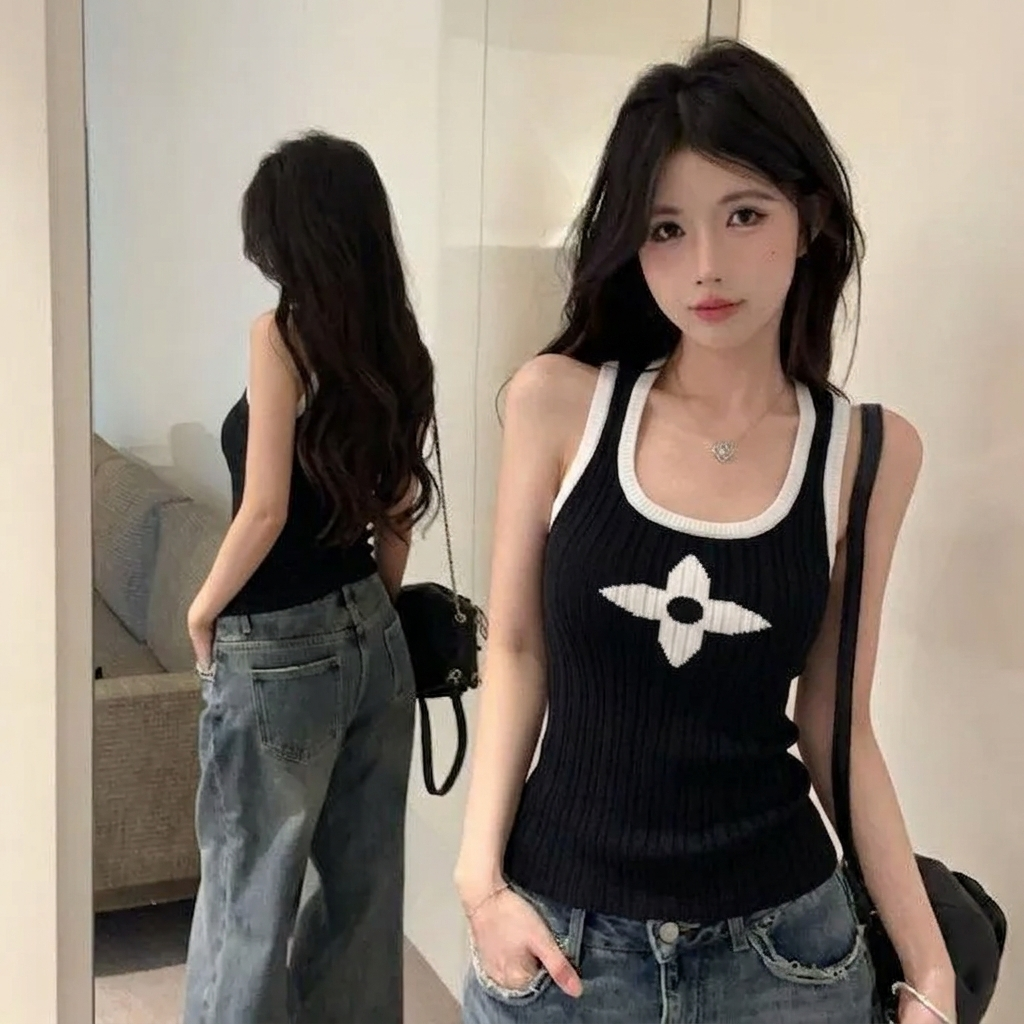 美式辣妹涼感撞色印花顯瘦針織吊帶背心
