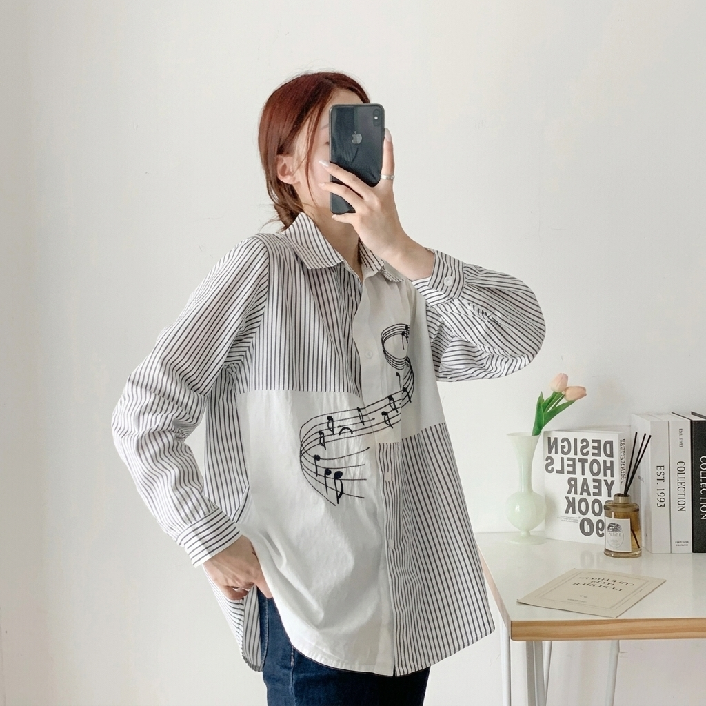 韓版寬鬆刺繡拼接設計感小眾休閒襯衫