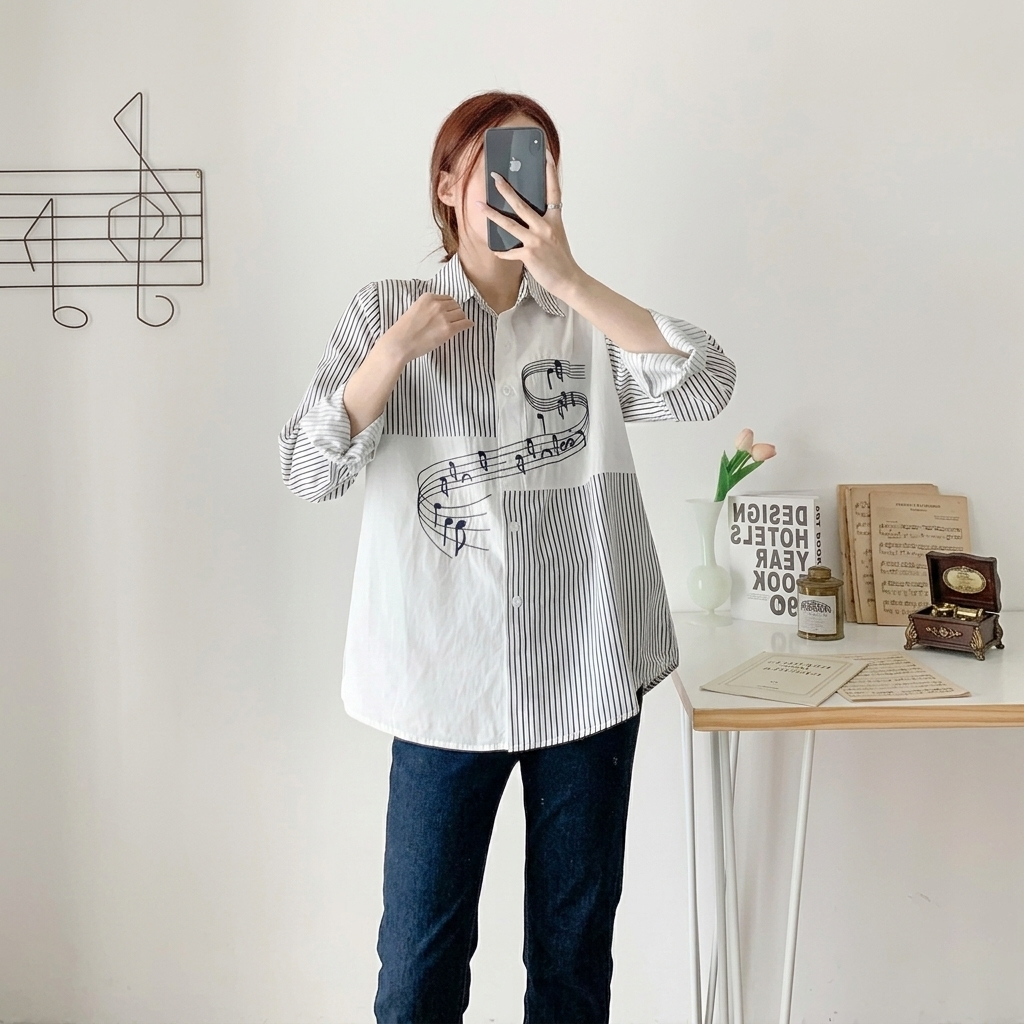 韓版寬鬆刺繡拼接設計感小眾休閒襯衫