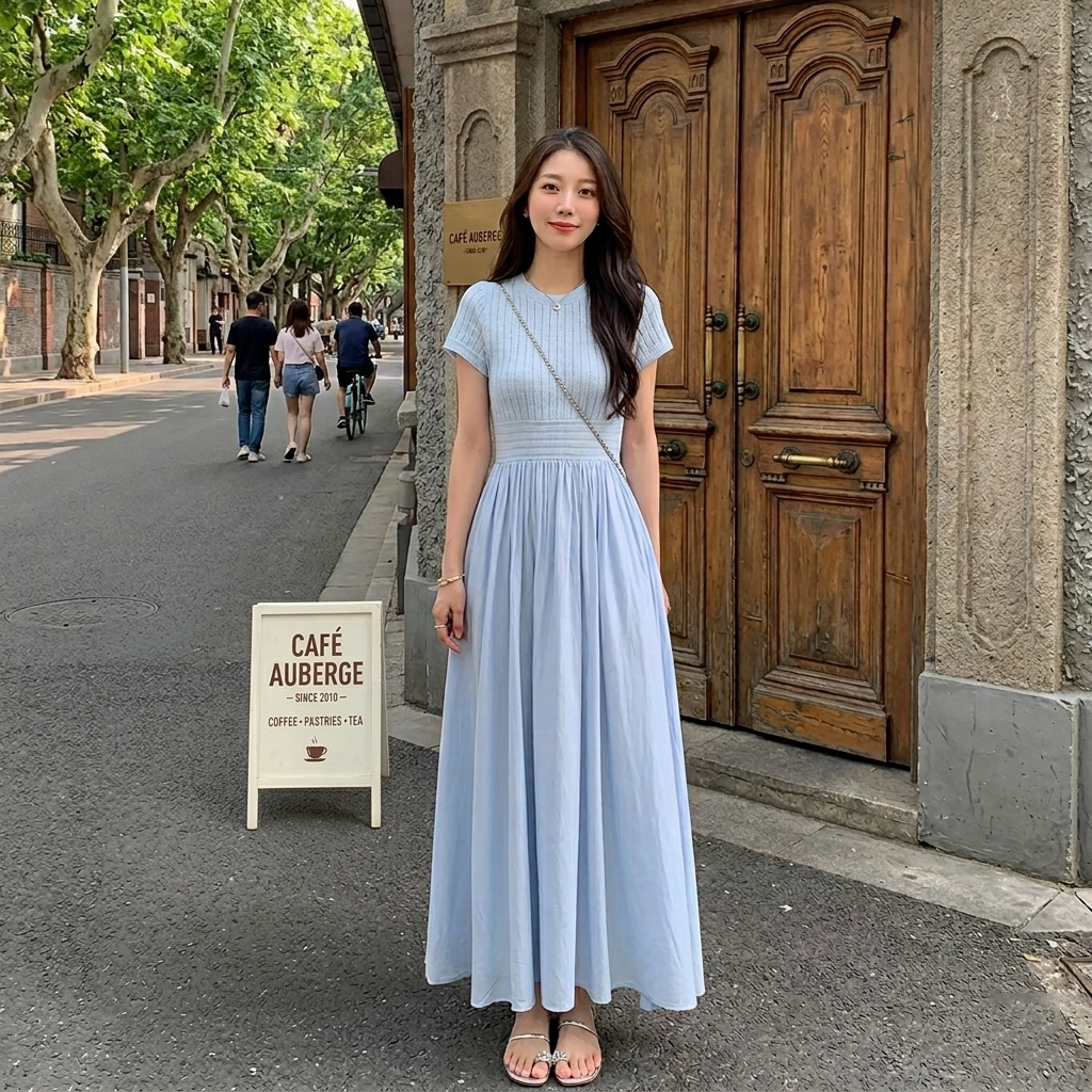 大碼法式拼接收腰A字氣質清純短袖洋裝