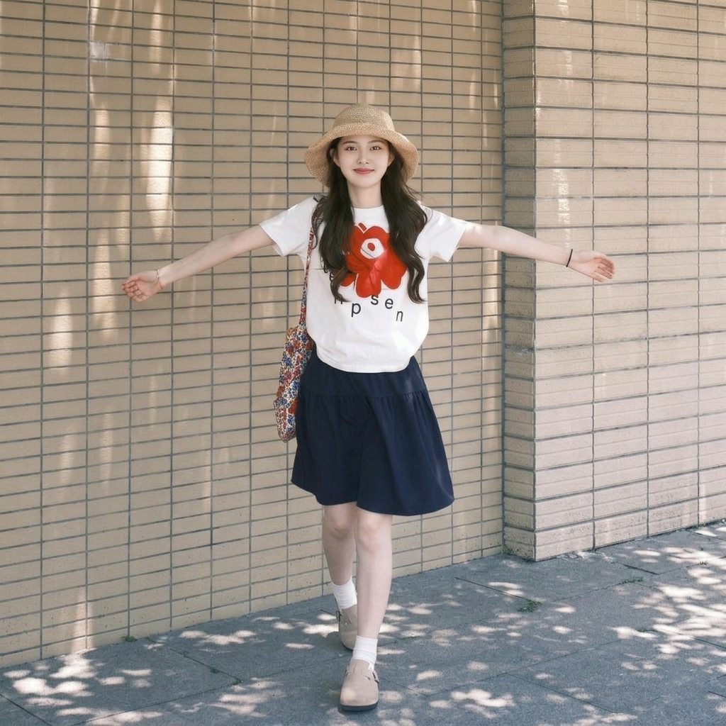【單件販售】韓系穿搭甜美減齡印花短袖T恤+高腰學院風百搭半身裙兩件套