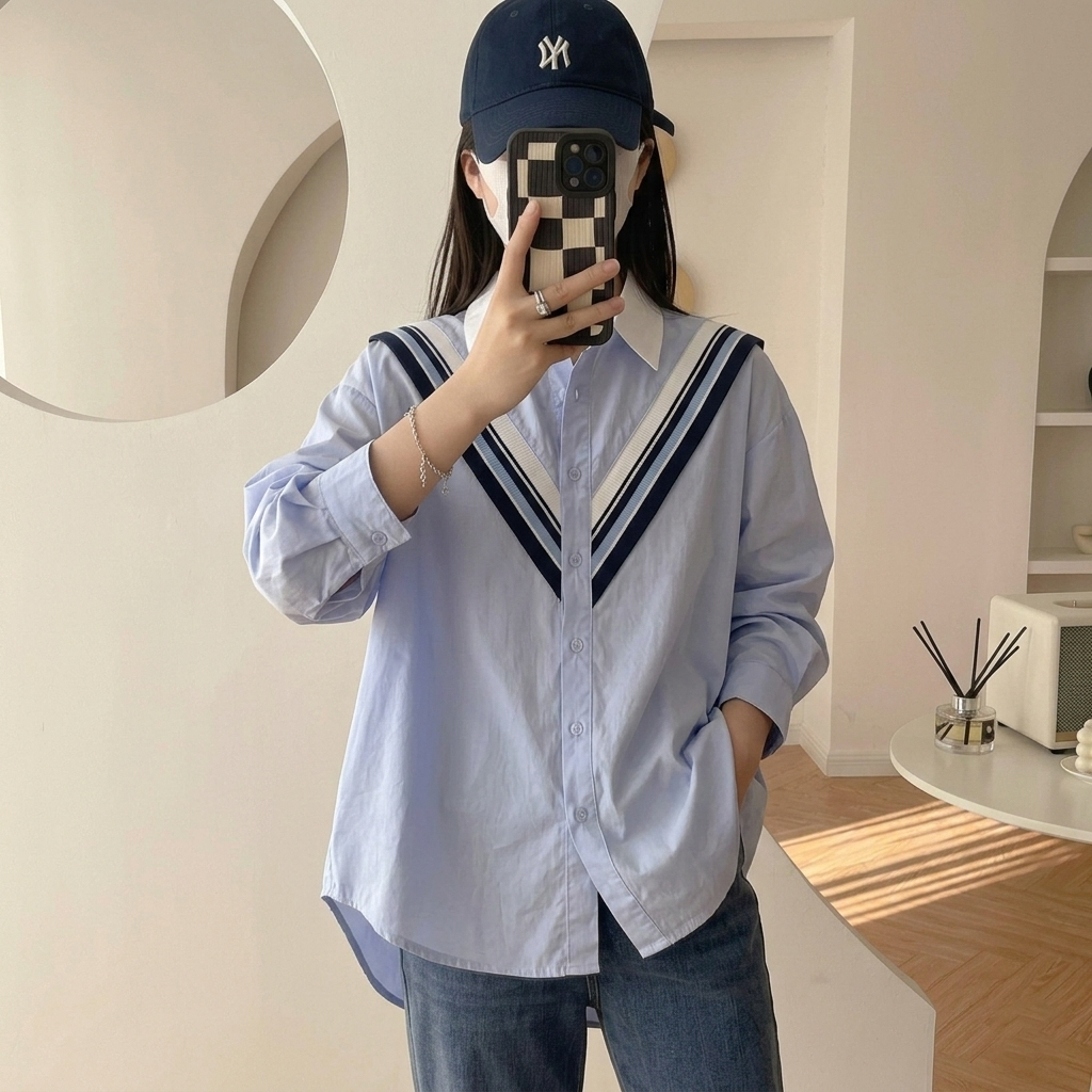 韓版寬鬆休閒針織木耳邊拼接襯衫