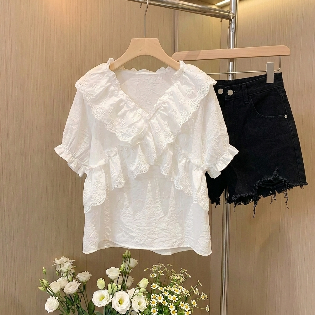 【單件販售】甜美減齡荷葉邊v領雪紡短袖+高腰a字顯瘦牛仔短褲兩件套裝
