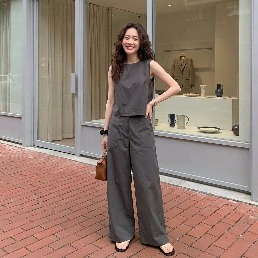 【單件/套裝】極簡魅力純色無袖背心+高腰顯瘦闊腿褲兩件套裝