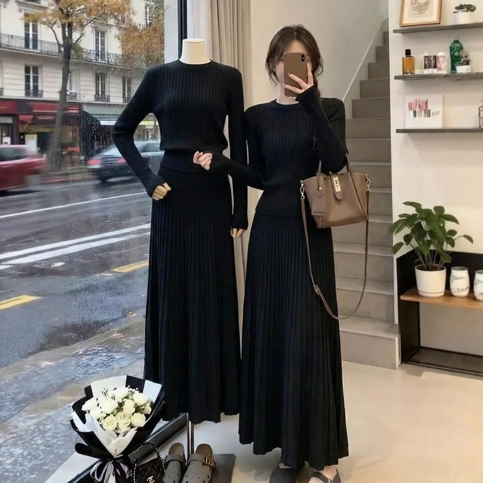 【整套】法式高級感收腰顯瘦針織毛衣+氣質半身長裙兩件套裝