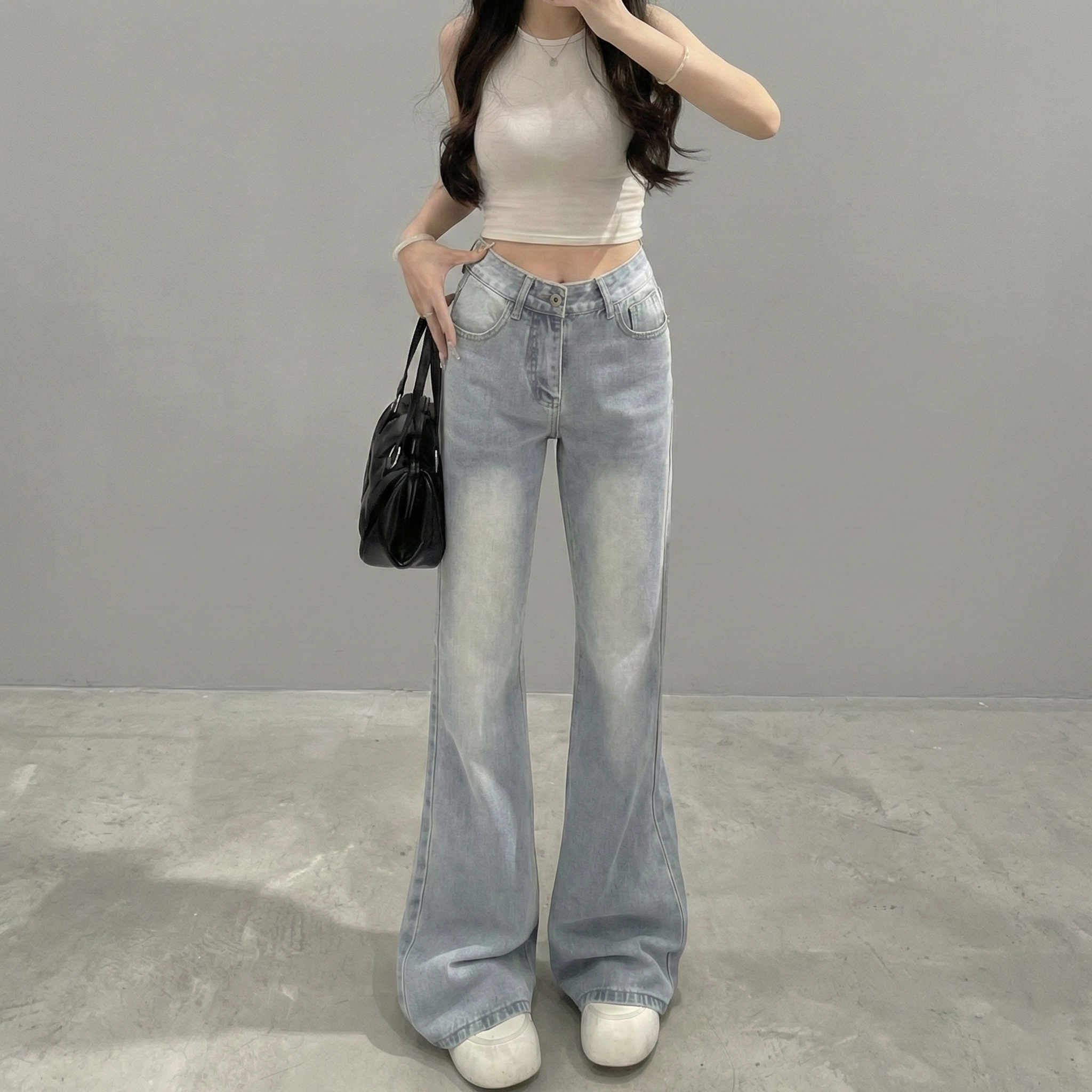 美式復古刷毛加厚高腰顯瘦微喇拖地牛仔褲