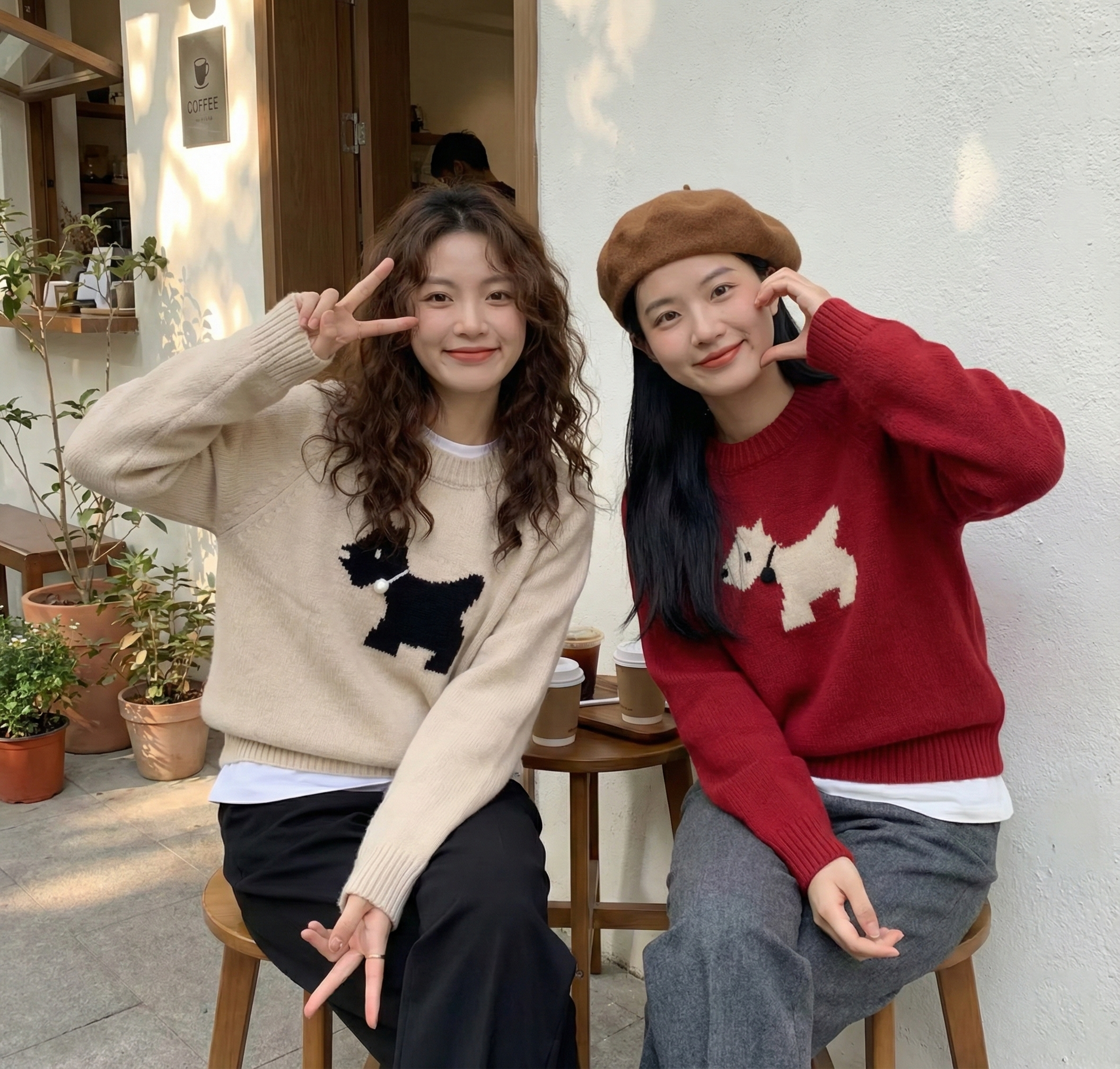 韓系寬鬆短版軟糯圓領狗狗提花針織毛衣