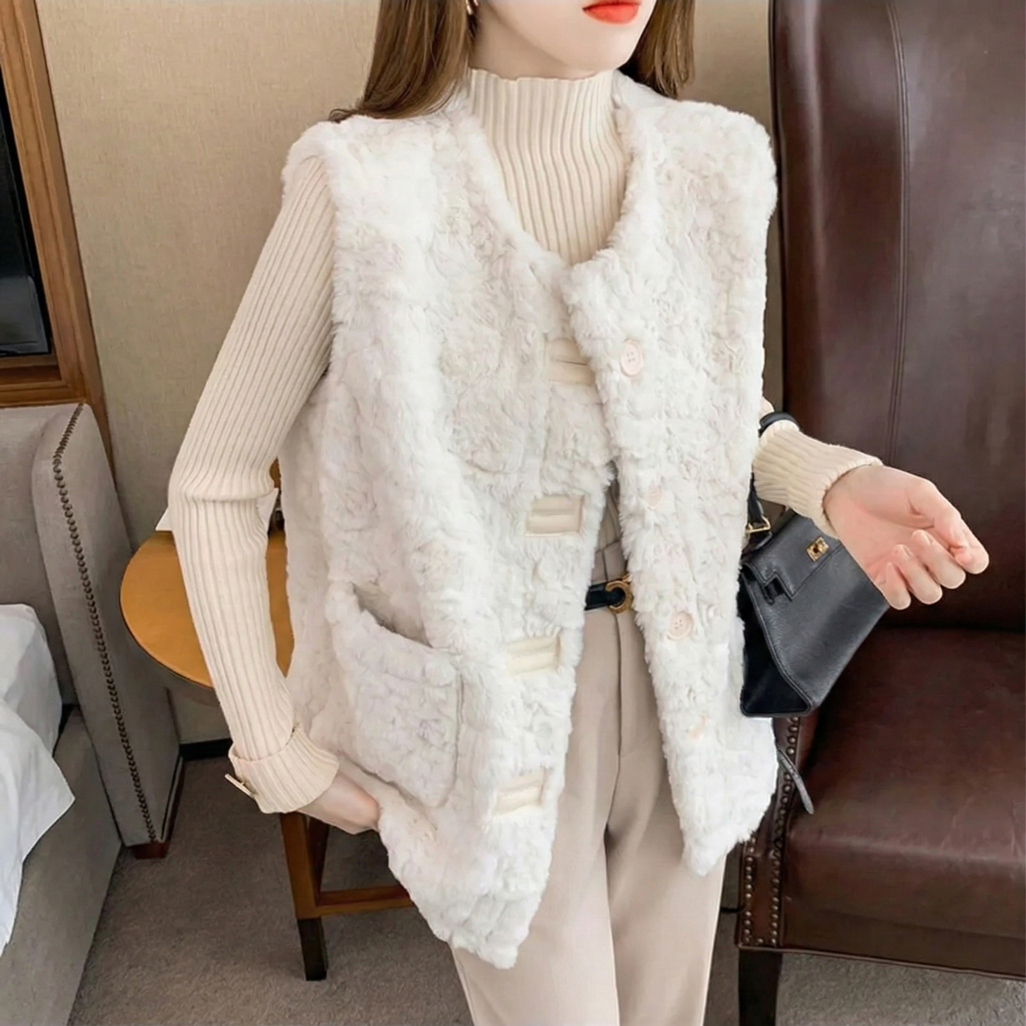 百搭時尚休閒洋氣仿兔毛皮毛一體毛絨馬甲