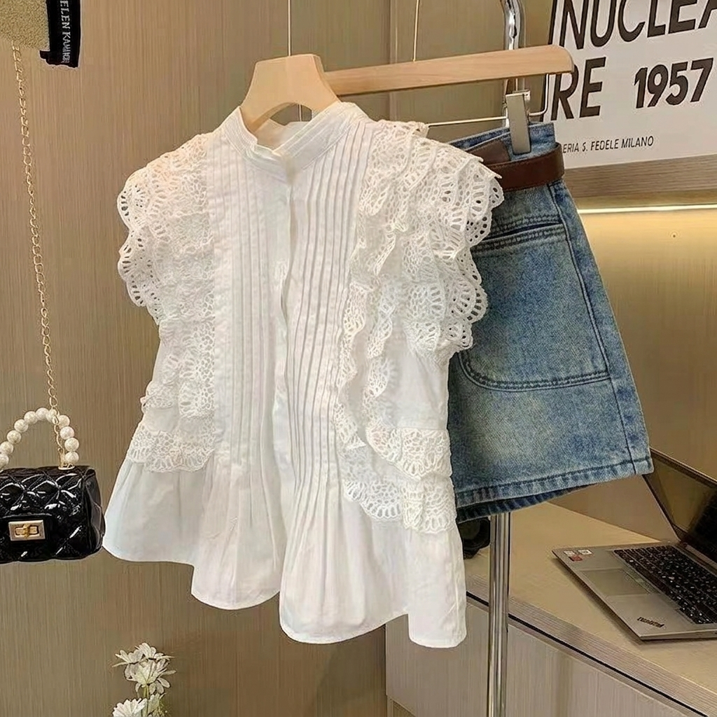 【單件販售】法式重工蕾絲飛飛袖襯衫+復古水洗A字牛仔短褲