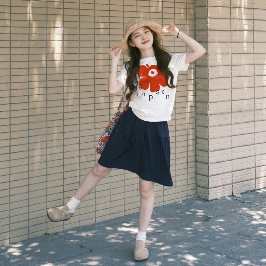 【單件販售】韓系穿搭甜美減齡印花短袖T恤+高腰學院風百搭半身裙兩件套