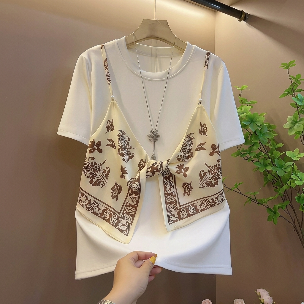 寬鬆百搭顯瘦別緻絲巾吊帶設計感假兩件T恤
