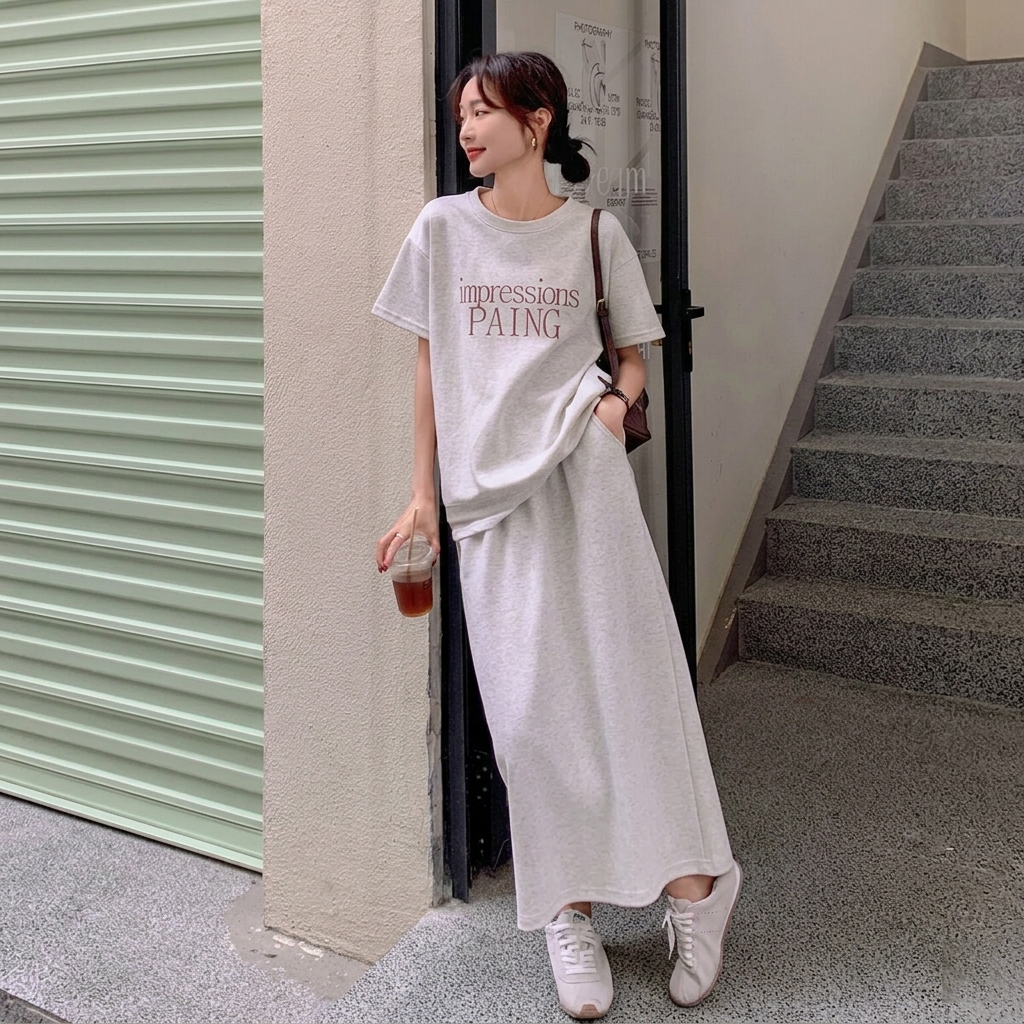 【整套】韓系休閒時尚百搭減齡短袖T恤+半身裙兩件套裝