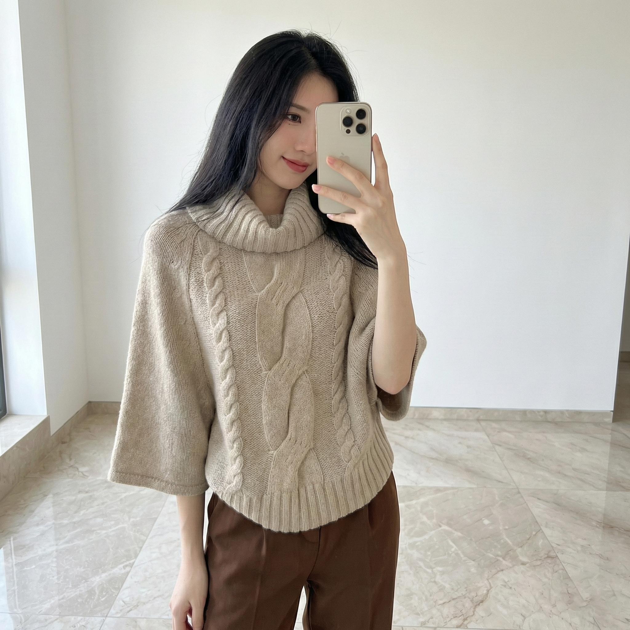 麻花斗篷氛圍針織衫復古寬鬆中袖高領毛衣