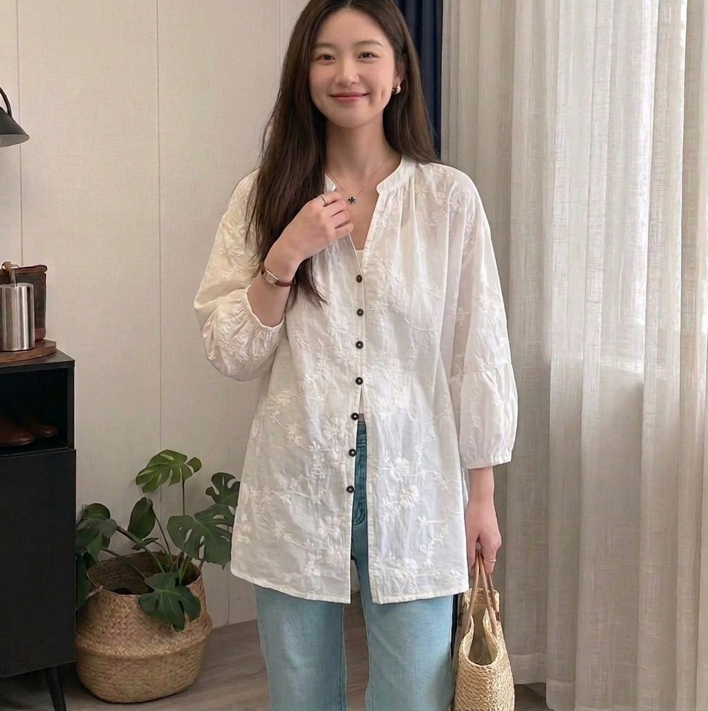 提花刺繡棉質百搭防曬寬鬆七分袖中長款開衫襯衫