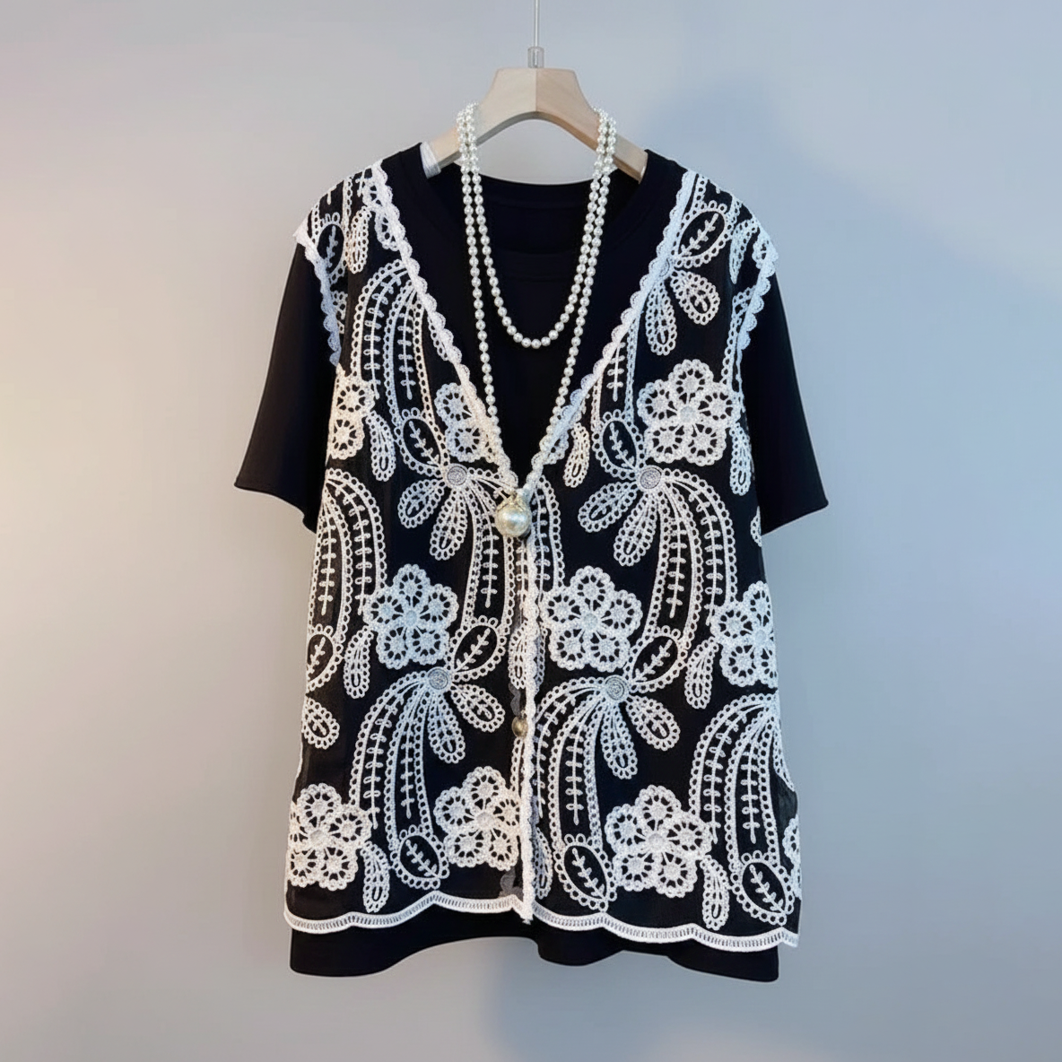 高級感假兩件鉤花鏤空寬鬆洋氣短袖T恤