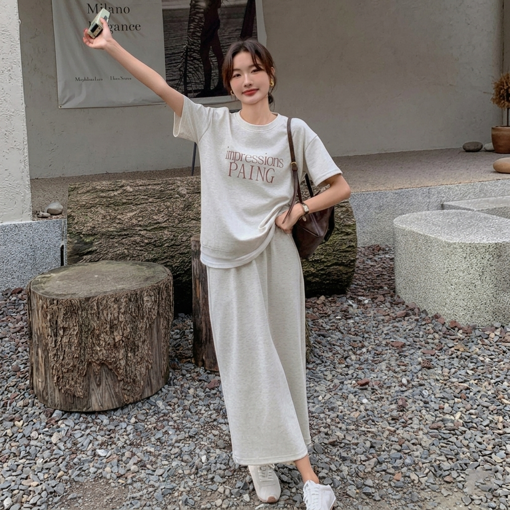 【整套】韓系休閒時尚百搭減齡短袖T恤+半身裙兩件套裝