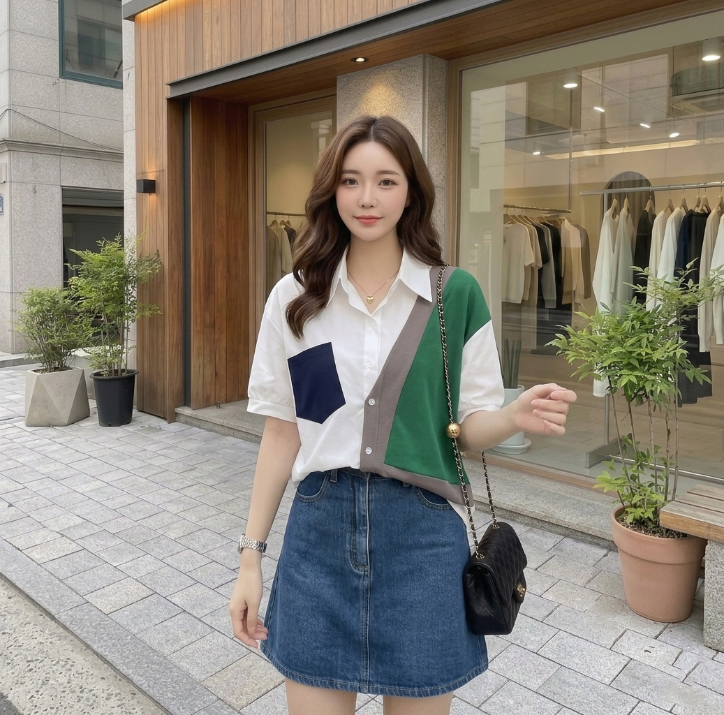 時尚獨特別緻設計感拼接短袖襯衫