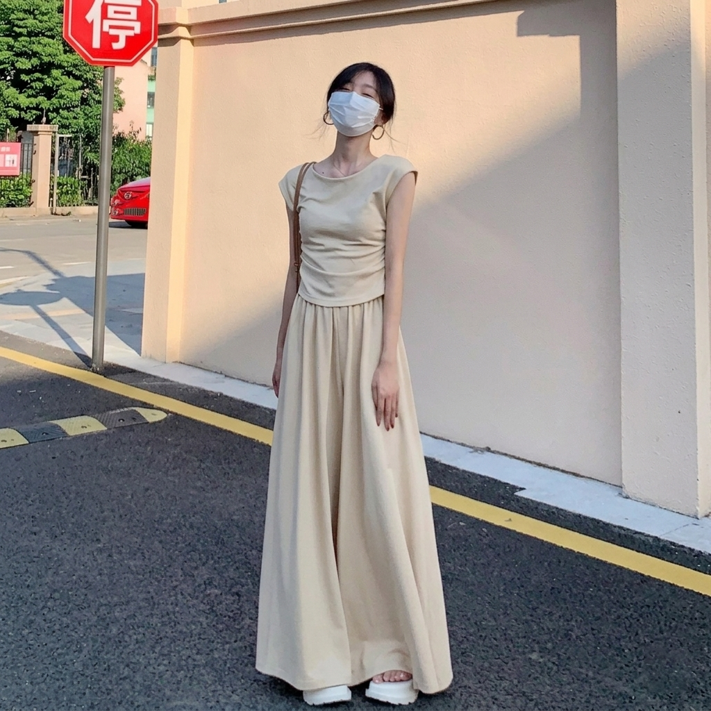 【整套】韓系穿搭一整套顯瘦掐腰短袖T恤+闊腿長褲兩件套裝