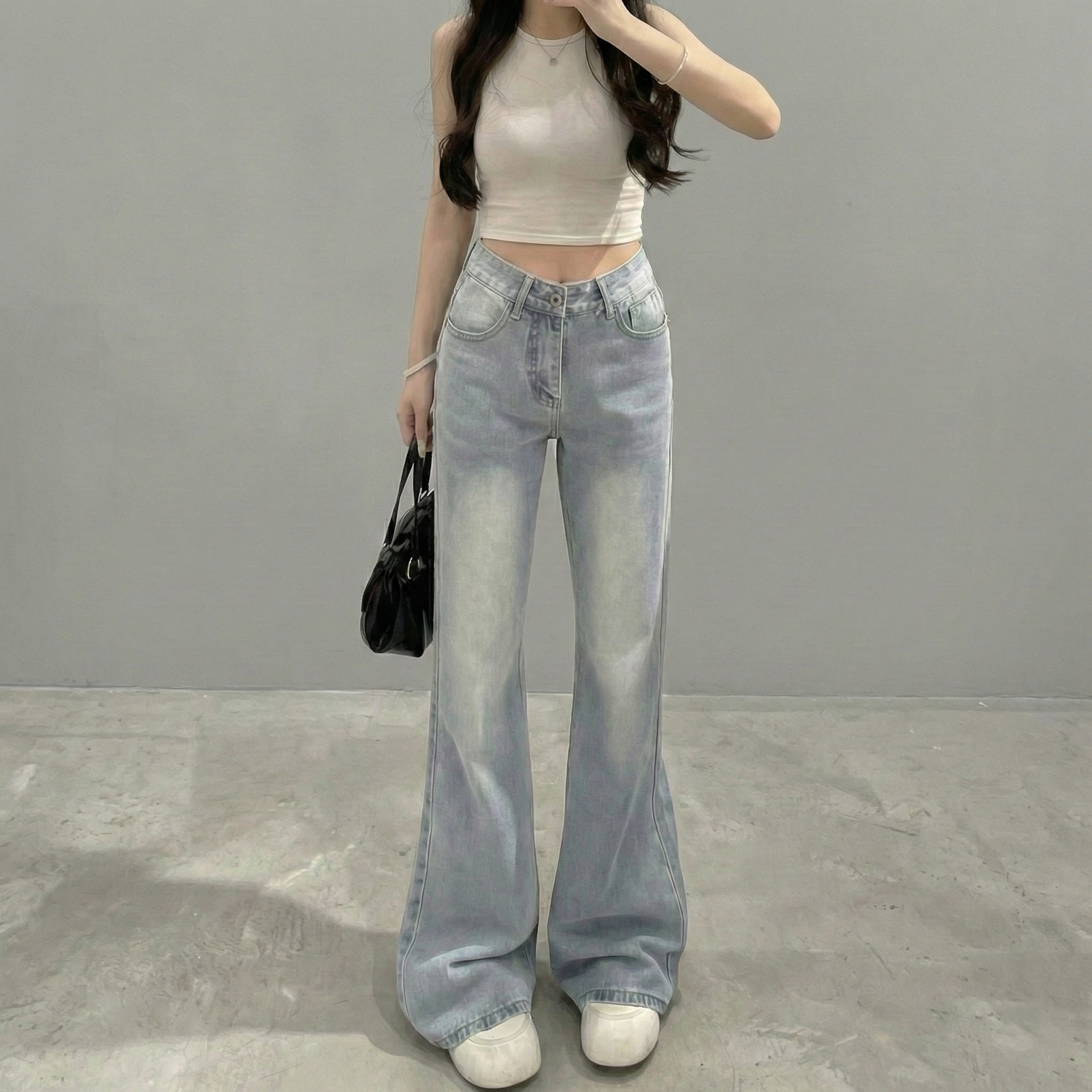 美式復古刷毛加厚高腰顯瘦微喇拖地牛仔褲