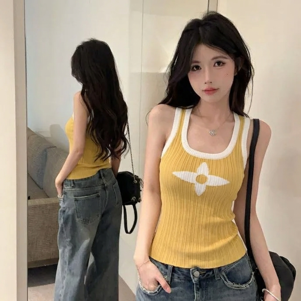 美式辣妹涼感撞色印花顯瘦針織吊帶背心