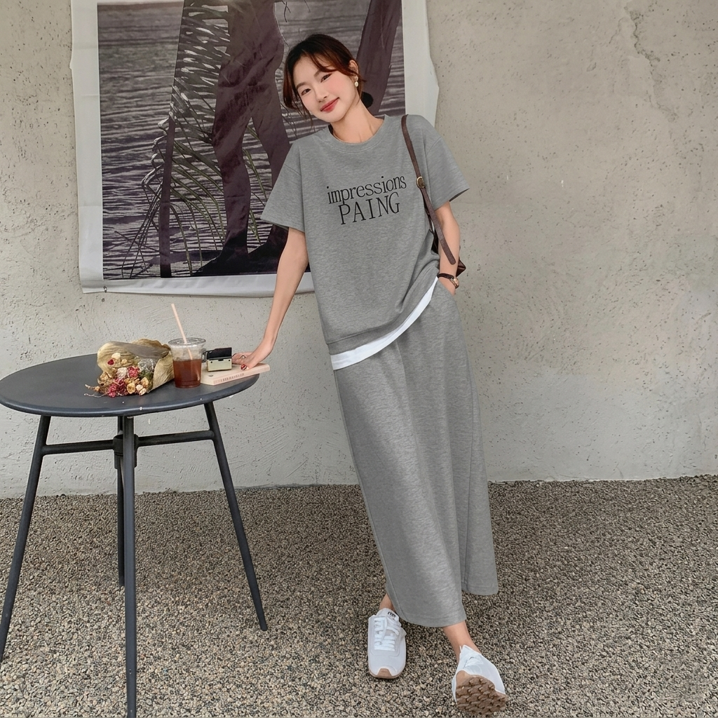 【整套】韓系休閒時尚百搭減齡短袖T恤+半身裙兩件套裝