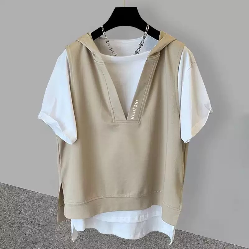 韓版簡約假兩件連帽寬鬆休閒短袖T恤-HaloBless