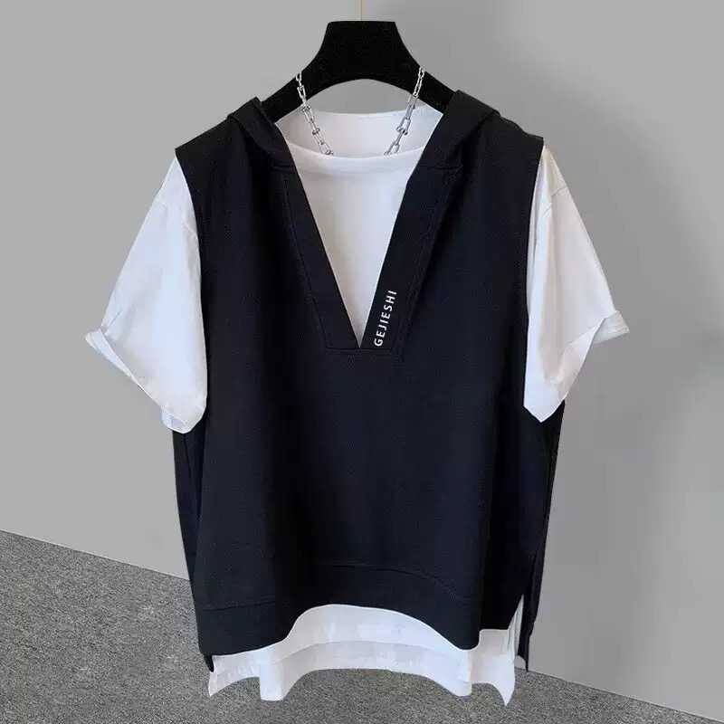 韓版簡約假兩件連帽寬鬆休閒短袖T恤-HaloBless