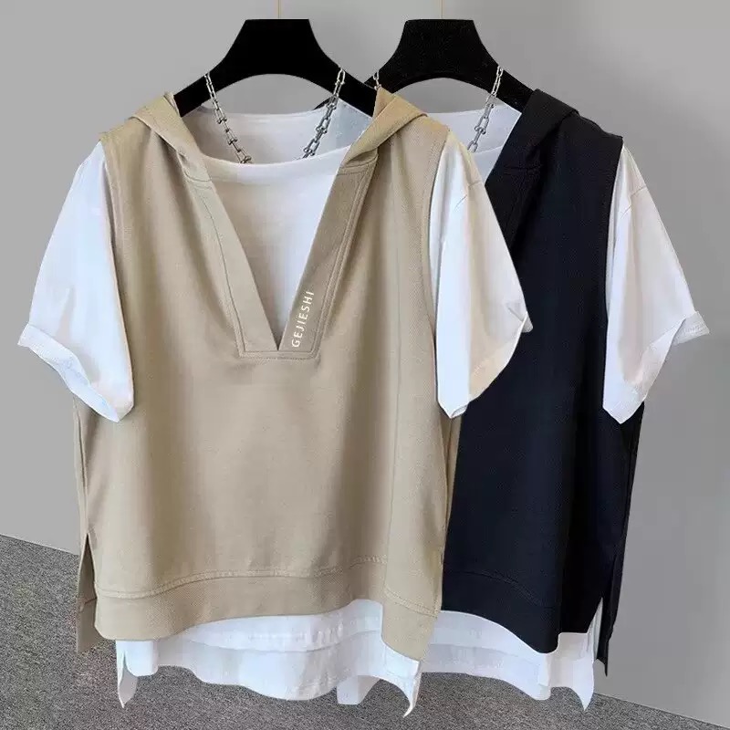 韓版簡約假兩件連帽寬鬆休閒短袖T恤-HaloBless