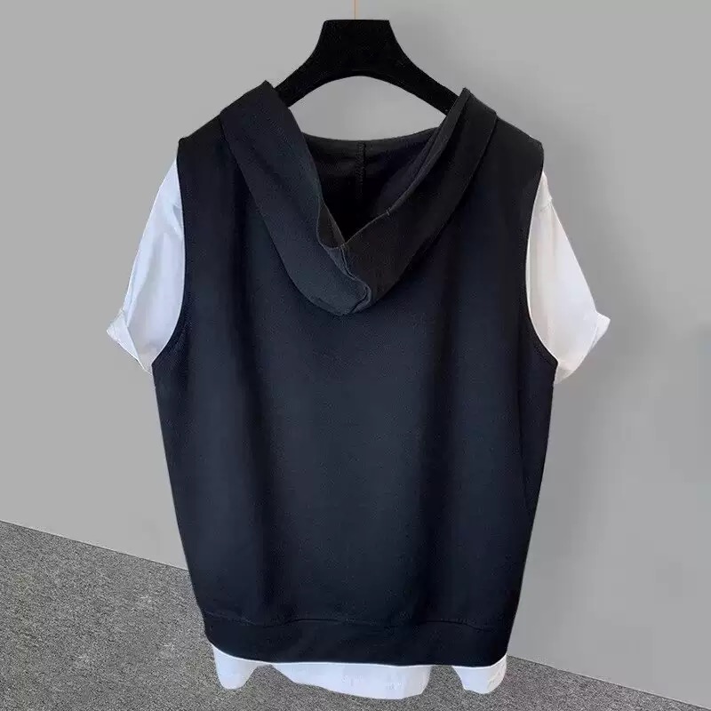 韓版簡約假兩件連帽寬鬆休閒短袖T恤-HaloBless