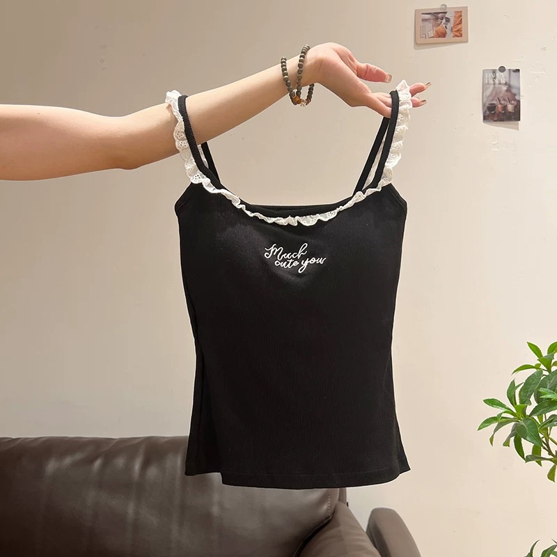 純欲蕾絲刺繡帶胸墊美背設計感顯瘦吊帶背心-HaloBless