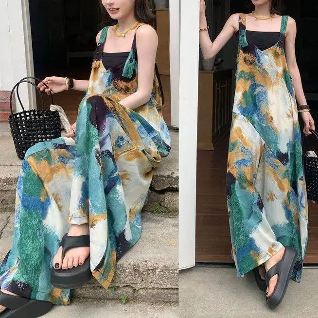 清涼顯白海島藍V領寬鬆闊腿背帶連體褲-HaloBless