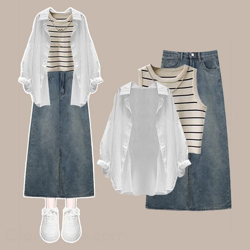 【單件/整套】溫柔系防曬襯衫背心顯瘦牛仔半身裙三件套裝