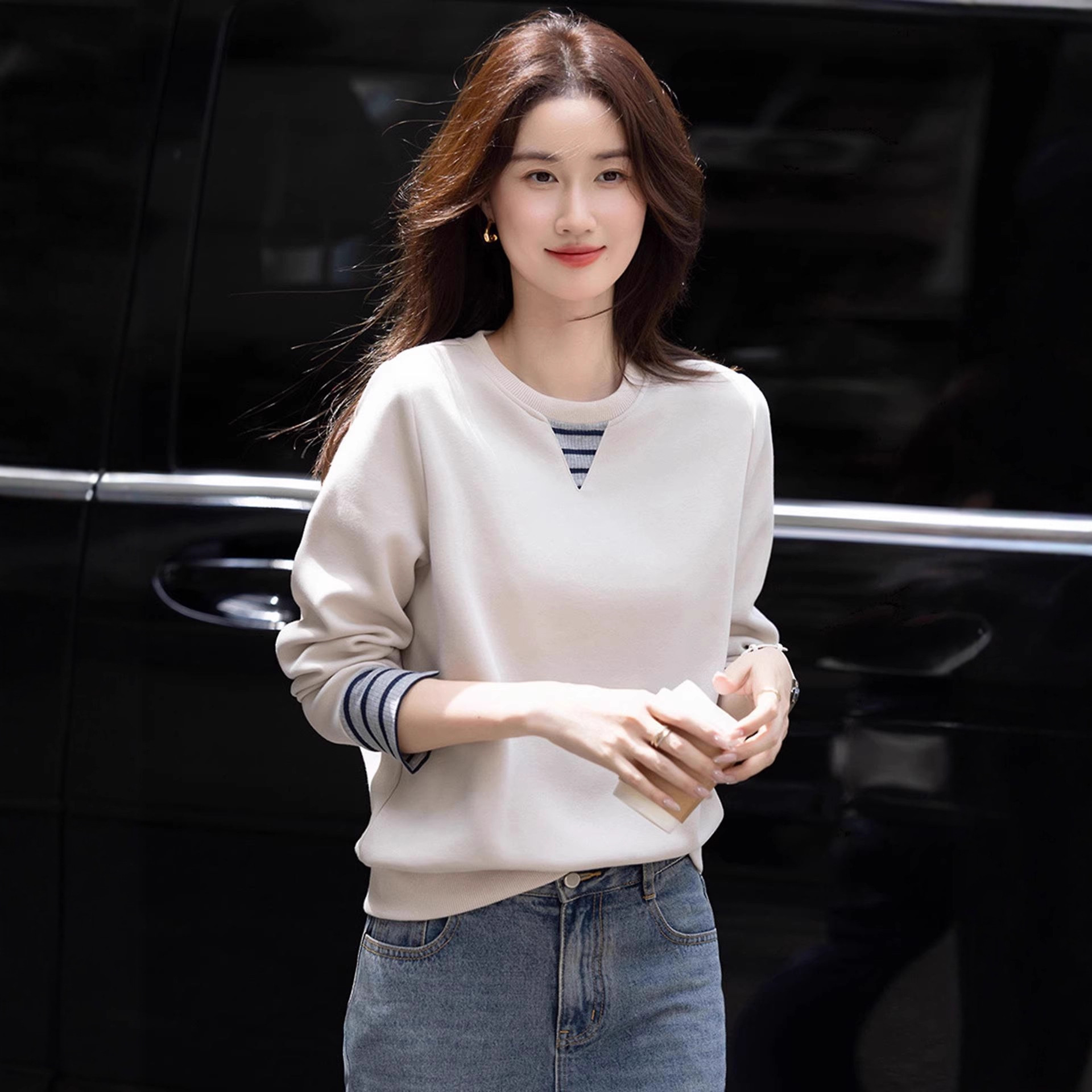 慵懶風寬鬆藏肉舒適時髦撞色袖口長袖T恤