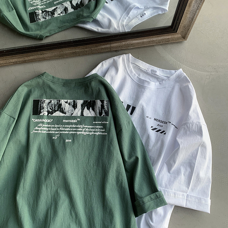 日系寬松休閑潮流字母印花五分短袖T恤-HaloBless