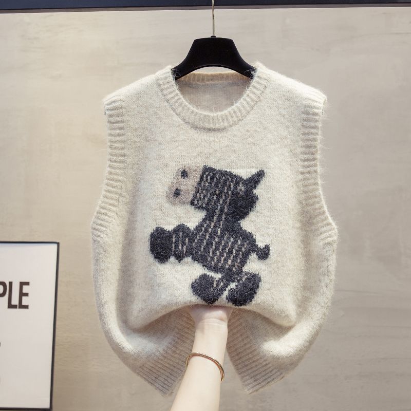 寬鬆疊穿肩圓領卡通圖案針織馬甲