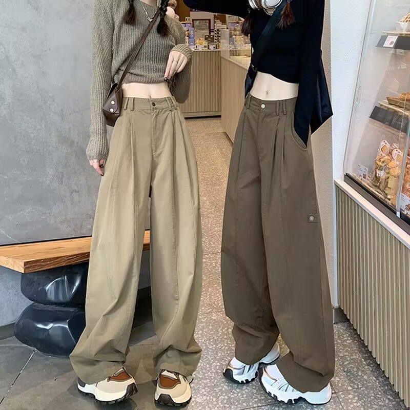 美式高腰顯瘦寬鬆休閒運動工裝闊腿褲-HaloBless